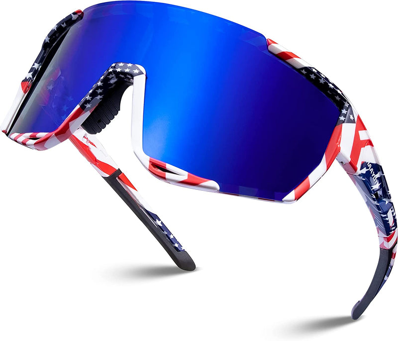 HAAYOT Cycling Glasses Polarized Baseball Sunglasses for Men Women 1 or 5 Lenses Sport Sunglasses for Fishing Driving Running Sporting Goods > Outdoor Recreation > Cycling > Cycling Apparel & Accessories HAAYOT Flag Frame & Blue Lens  