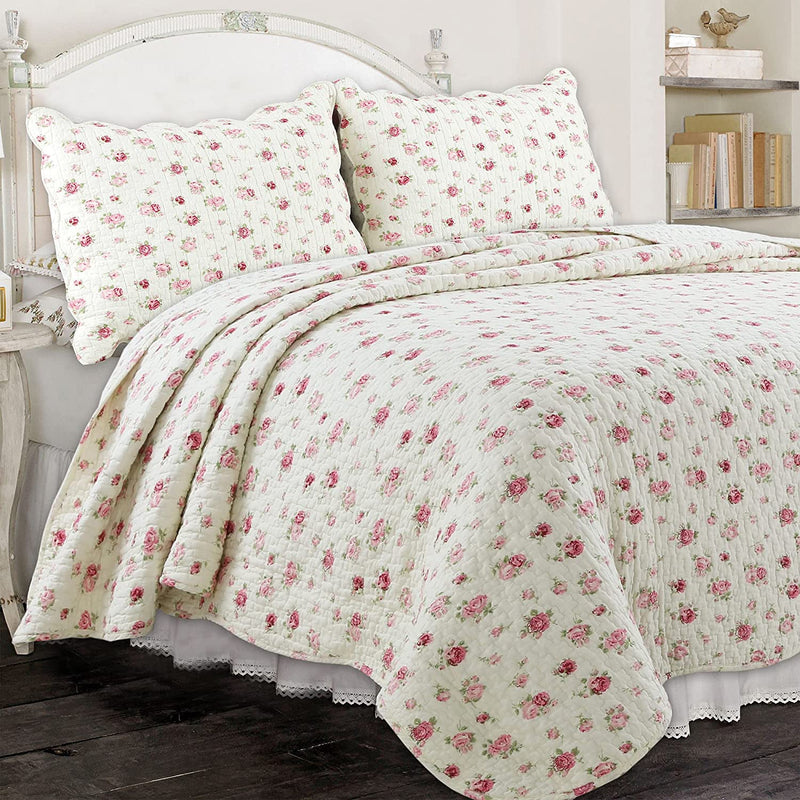 Cozy Line Home Fashions Pink Red Floral 100% Cotton Reversible Quilt Bedding Set, Coverlet Bedspread (Fuchsia Flowers, King - 3 Piece)