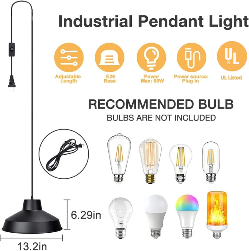 DLLT Plug in Metal Pendant Light, 14.63Ft Pendant Lamp Cord with Switch Cord, Industrial DIY Hanging Light Fixture for Dining Room, Restaurant, Bedroom, Houseplant Grow Lights (E26 Socket), UL Listed