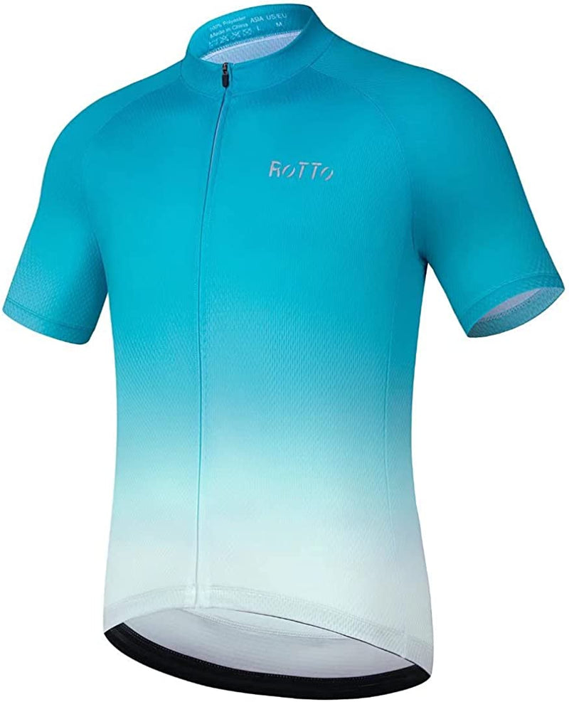 ROTTO Cycling Jersey Mens Bike Shirt Short Sleeve Gradient Color Series Sporting Goods > Outdoor Recreation > Cycling > Cycling Apparel & Accessories ROTTO A3 Lake Blue-white 3X-Large 