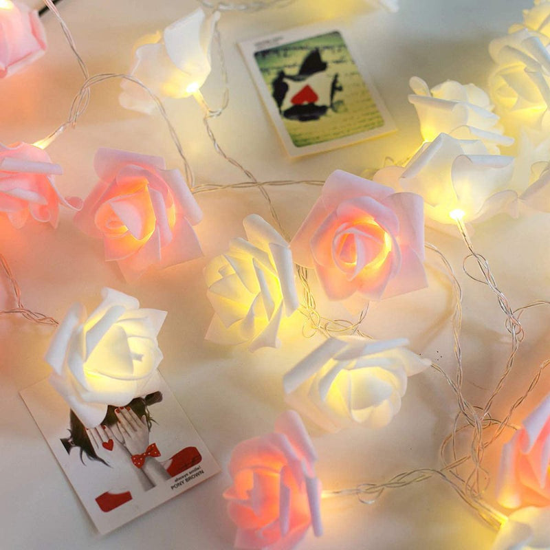 Rose Flower String Light 20 LED Rose String Fairy Lights Battery Operated 10Ft for Bedroom Indoor Valentine'S Day Wedding Festival Party Decoration (Pink + White) Home & Garden > Decor > Seasonal & Holiday Decorations SurVank   
