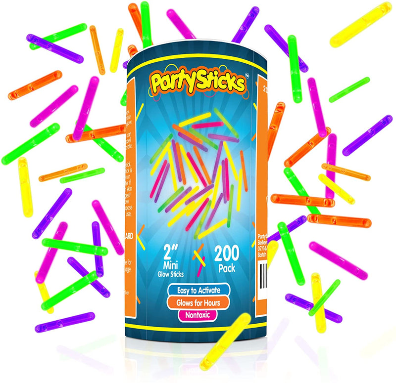 Partysticks Mini 2" Glow Sticks 200 Pack Glow-In-The-Dark Small, for Easter Eggs, 5 Colors, Neon Light Sticks Bulk Party Favors, Easter Basket Stuffer Party Pack, Weddings Classroom Decorations Prizes