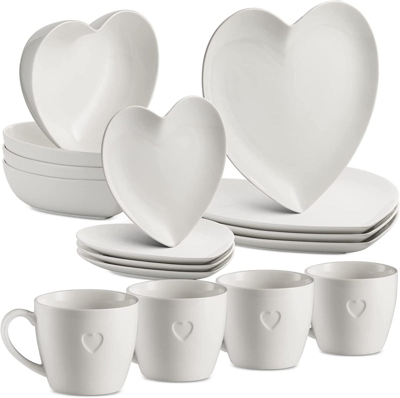 Mitbak 16 PC Dinnerware Sets |Heart Shaped Elegant Plates and Bowls Sets for Valantines Day | Dinner , Salad, Soup Plates, and Mugs, | White Dishes Make an Excellent Gift Idea