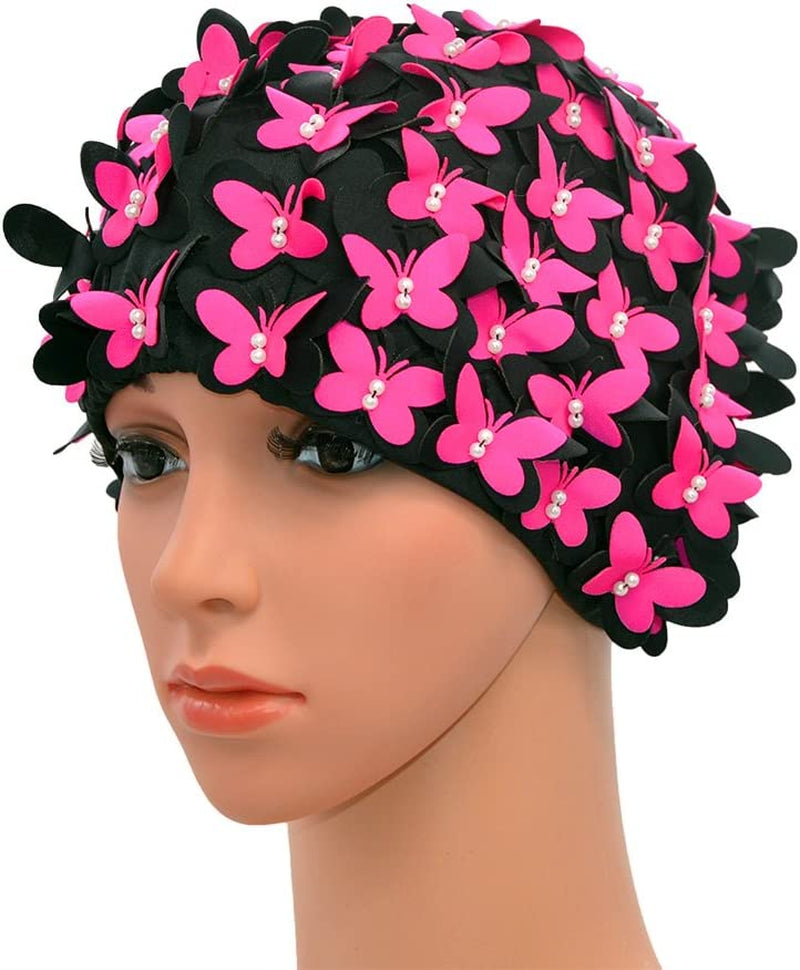 Medifier Vintage Swim Cap Floral Petal Retro Style Bathing Caps for Women Sporting Goods > Outdoor Recreation > Boating & Water Sports > Swimming > Swim Caps CL Rose Red  