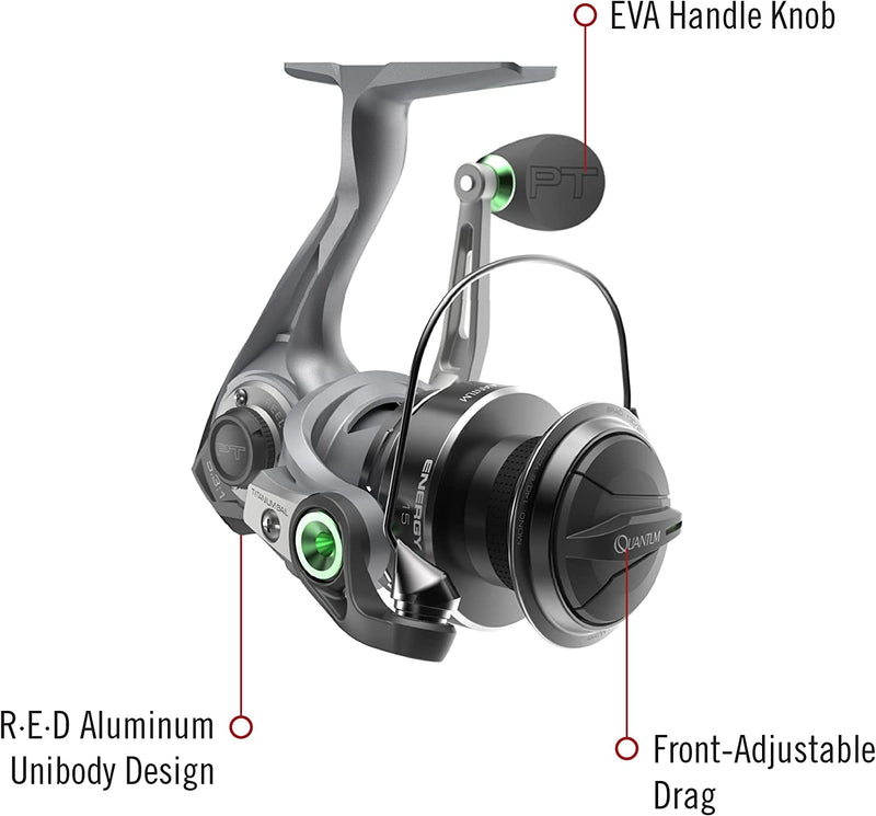 Quantum Energy S3 Spinning Fishing Reel, Size 25 Reel, Changeable Right- or Left-Hand Retrieve, Continuous Anti-Reverse Clutch, EVA Handle Knobs, 5.2:1 Gear Ratio, 8 + 1 Bearings, Silver/Black