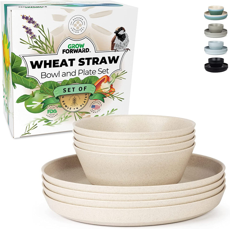 Grow Forward Premium Wheat Straw Dinnerware Sets - 8 Piece Unbreakable Microwave Safe Dishes - Reusable Wheat Straw Plates and Bowls Sets - Wheat Straw Bowls for Cereal, Soup, Camping, RV - Midnight Home & Garden > Kitchen & Dining > Tableware > Dinnerware Grow Forward Sahara Beige  