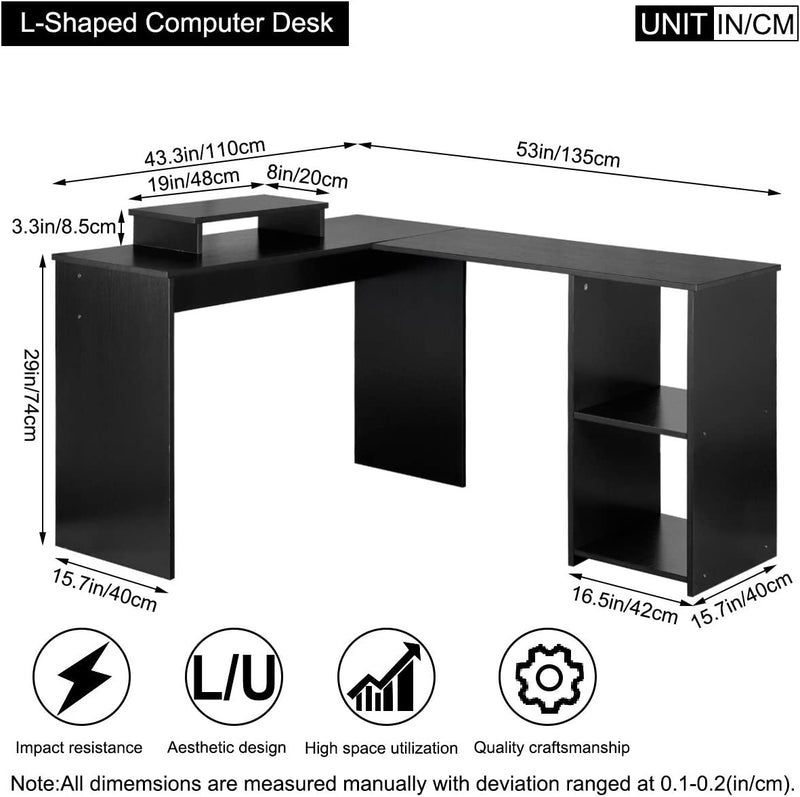 DOSLEEPS Computer Desk, 53“ L-Shaped Large Corner PC Laptop Desk Study Table Workstation Gaming Desk for Home and Office Small Space - Black Wood Grain Home & Garden > Household Supplies > Storage & Organization DOSLEEPS   