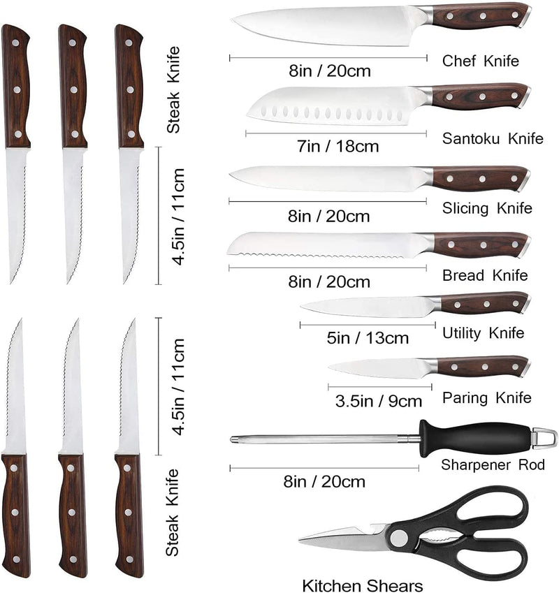 Kitchen Knife Set,15-Pieces of Premium Kitchen Knife Set,With Wooden Storage Block,German High-Carbon Stainless Steel Professional Chef Knife Set, with Sharpener and Multifunctional Scissors