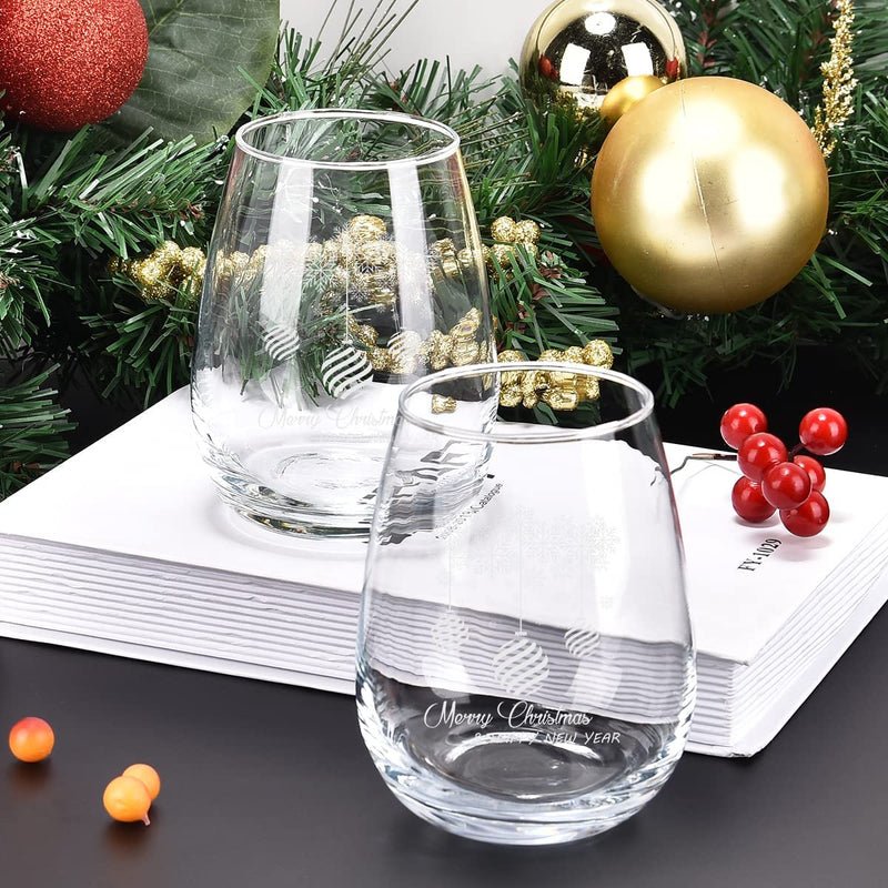 Futtumy Merry Christmas and Happy New Year Stemless Wine Glass Set of 2, Unique Christmas Gift New Year Gift for Him Her Family Friend Dad Mom Wife Husband, 15Oz