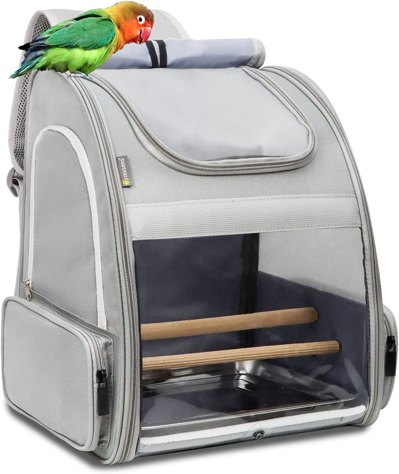 Texsens Bird Carrier Backpack - Pet Travel Cage with Stainless Steel Tray and Standing Perch, Breathable & Portable, for Small Birds, Green Cheek, Cockatiel, Parrot (Grey) Animals & Pet Supplies > Pet Supplies > Bird Supplies Texsens Light Gray  