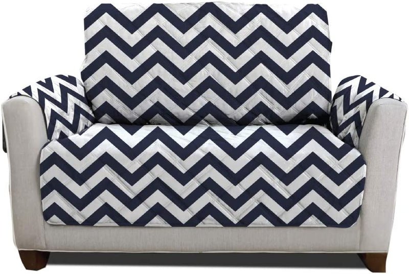 MIGHTY MONKEY Patented Sofa Slipcover, Reversible Tear Resistant Soft Quilted Microfiber, XL 78” Seat Width, Durable Furniture Stain Protector with Straps, Washable Couch Cover, Chevron Navy White Home & Garden > Decor > Chair & Sofa Cushions MIGHTY MONKEY Chevron: Navy/White Large Chair 
