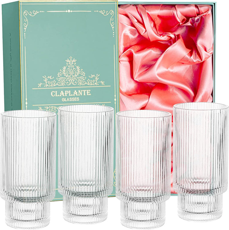 Highball Glasses Gift Box Set,Vintage Drinking Glasses, Claplante Origami Style 4 Pcs Glass Cups, Elegant Ripple Glassware,Ribbed Glasses, Iced Coffee Glasses, Ideal for Cocktail, Whiskey, Juice Home & Garden > Kitchen & Dining > Barware Claplante   