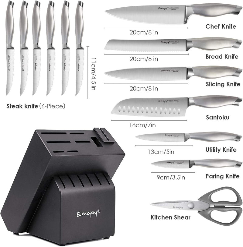 Emojoy Knife Set with Block, 15 Pieces Kitchen Knife Set with Built-In Sharpener, German Stainless Steel Sharp Chef Knife Set with Hollow Handle, Dishwasher Safe and Rust Proof, Grey Home & Garden > Kitchen & Dining > Kitchen Tools & Utensils > Kitchen Knives Emojoy   