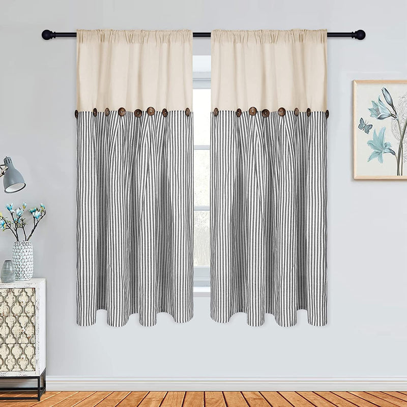 Cotton Linen Farmhouse Curtains Boho Rustic Button Curtains Natural and Dark Grey Stripe Color Block Curtain Rod Pocket & Back Tab Window Drapes for Bedroom Living Room(52 X 84 Inch, 2 Panels) Home & Garden > Decor > Window Treatments > Curtains & Drapes BLEUM CADE Dark Grey Stripe W52 x L63 