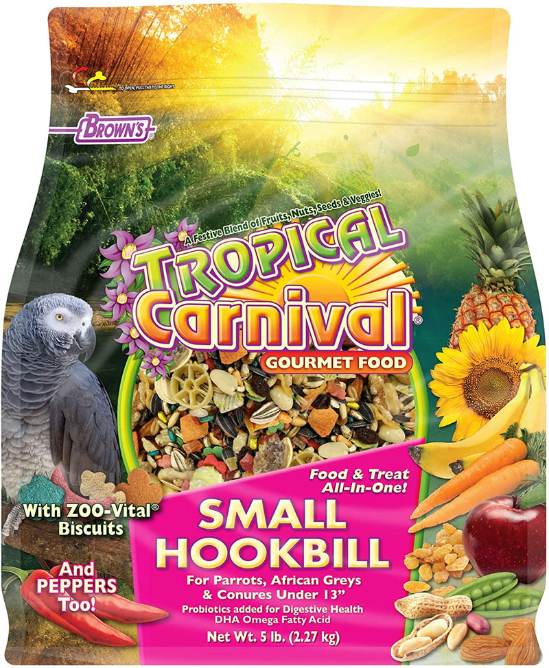 F.M. Brown'S Tropical Carnival Gourmet Bird Food for Parrots, African Greys, and Conures under 13", Probiotics for Digestive Health, Vitamin-Nutrient Fortified Daily Diet - 5 Lb. Animals & Pet Supplies > Pet Supplies > Bird Supplies > Bird Food Fm Browns 5 Pound (Pack of 1)  