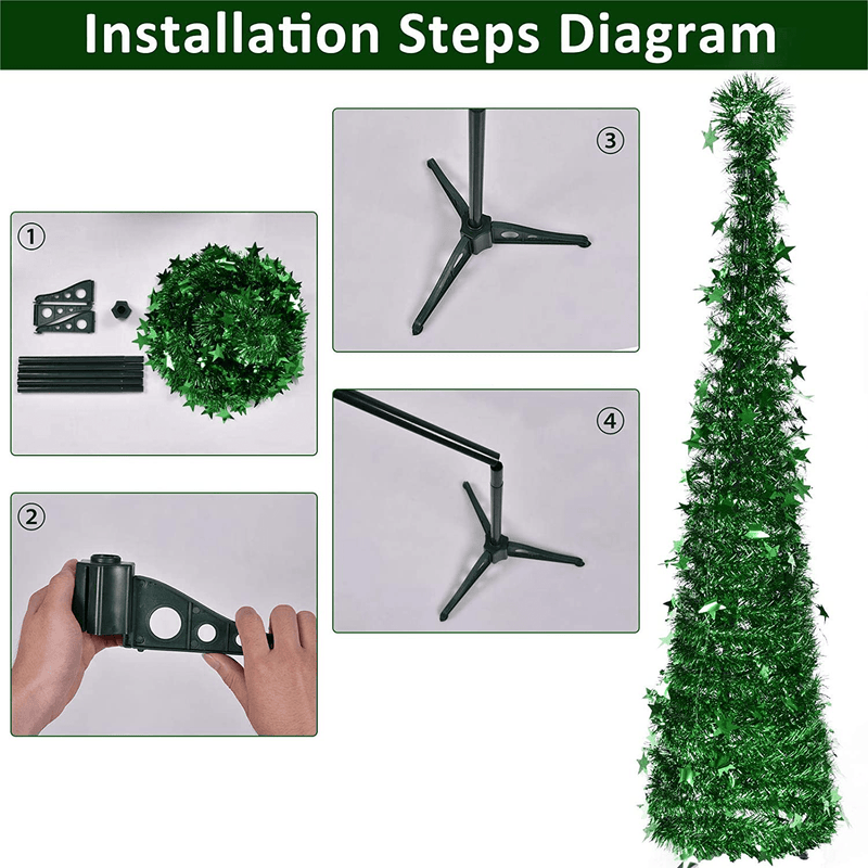6ft Christmas Tinsel Tree, Christmas Decorations Indoor, Pop up Christmas Tree with Stand Easy-Assembly, Big Xmas Decor for Bedrooms Office (Green)