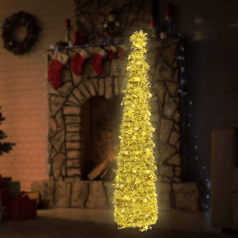 6ft Christmas Tinsel Tree with String Lights, Christmas Decorations Indoor, Pop up Christmas Tree with Stand Easy-Assembly, Big Xmas Decor for Bedrooms Office (Gold) Home & Garden > Decor > Seasonal & Holiday Decorations > Christmas Tree Stands GOODLYGHTS Gold  