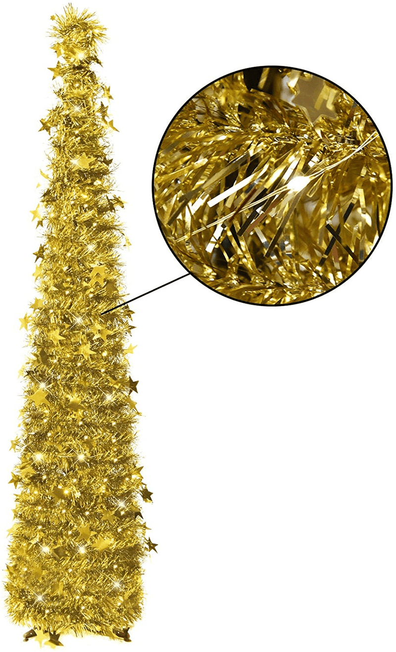 6ft Christmas Tinsel Tree with String Lights, Christmas Decorations Indoor, Pop up Christmas Tree with Stand Easy-Assembly, Big Xmas Decor for Bedrooms Office (Gold) Home & Garden > Decor > Seasonal & Holiday Decorations > Christmas Tree Stands GOODLYGHTS   