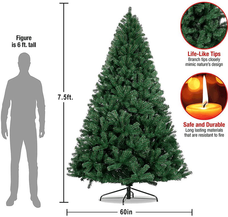 7.5ft Christmas Tree Artificial Unlit Green Spruce Foldable Easy Assembly 1,400 Branch Tips Xmas Pine Tree with Metal Stand for Indoor Outdoor Holiday Decoration Home & Garden > Decor > Seasonal & Holiday Decorations > Christmas Tree Stands WELYAS   