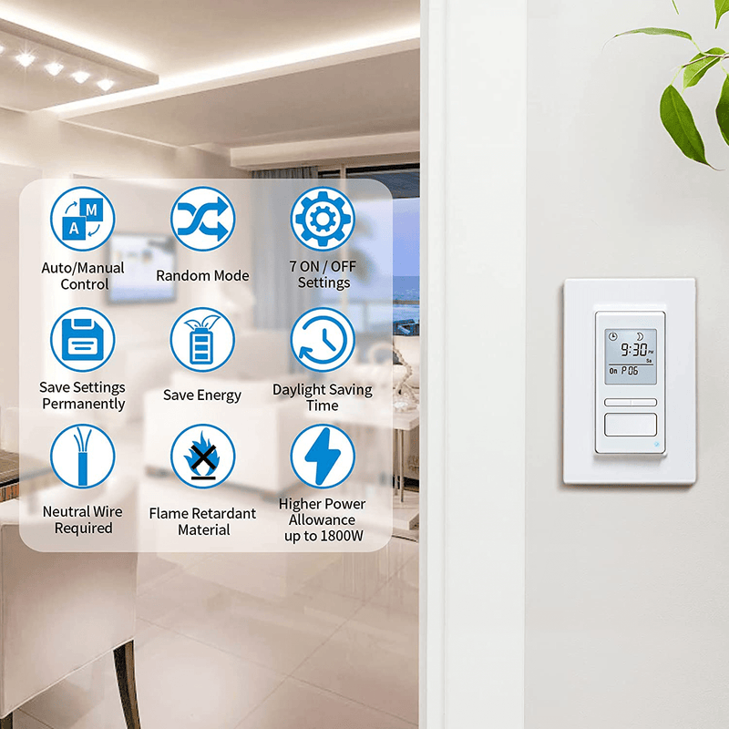 7 Day Programmable Light Switch Timer, in-Wall Timer Switch Automatically Turn On and Off Your Lights at Sunrise/Sunset for Lights Fans Motors, Neutral Wire Required