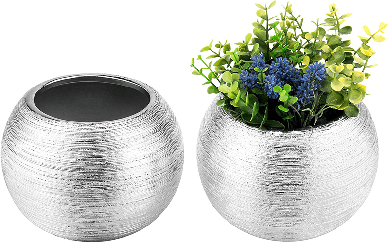 7-Inch Round Modern Gold-Tone Metallic Ceramic Plant Flower Planter Pot, Decorative Bowl Vase Home & Garden > Decor > Vases MyGift Silver Set of 2  