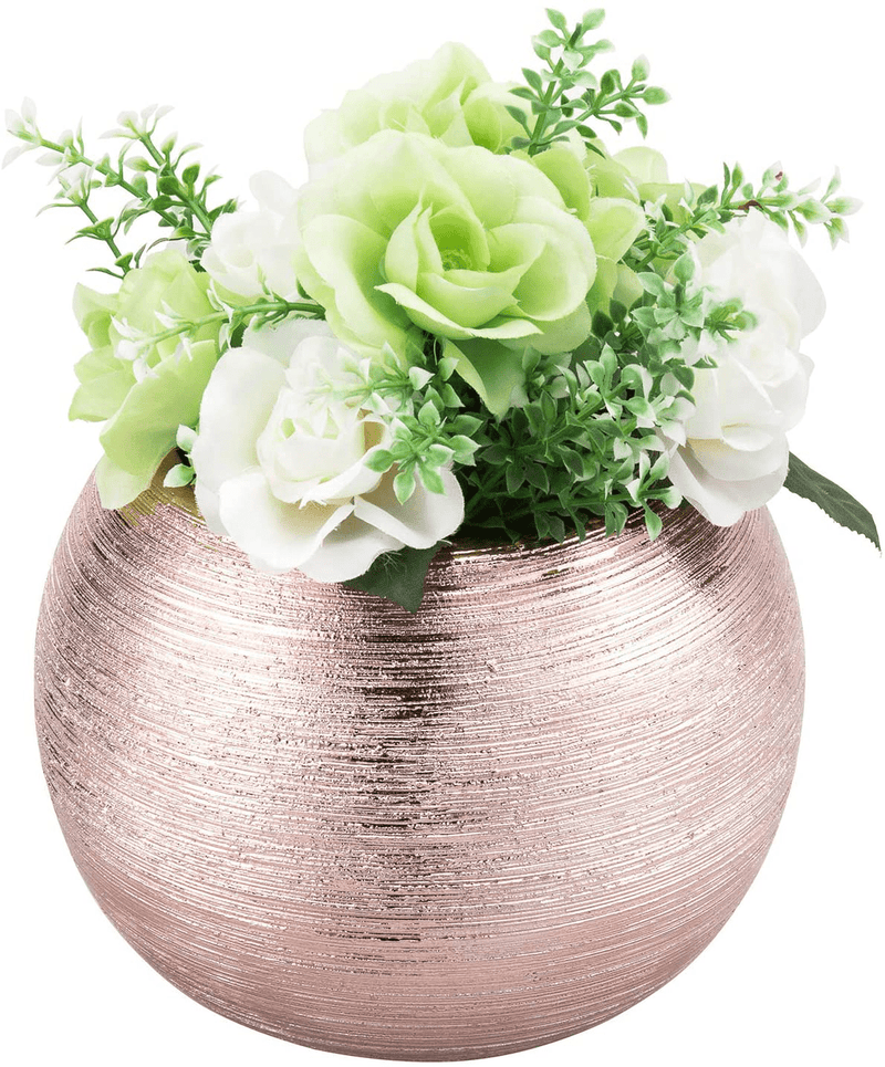 7-Inch Round Modern Gold-Tone Metallic Ceramic Plant Flower Planter Pot, Decorative Bowl Vase Home & Garden > Decor > Vases MyGift Rose Gold  