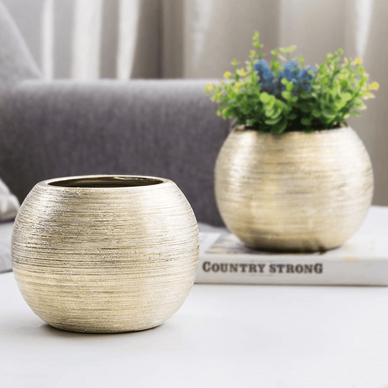 7-Inch Round Modern Gold-Tone Metallic Ceramic Plant Flower Planter Pot, Decorative Bowl Vase Home & Garden > Decor > Vases MyGift Gold Set of 2  