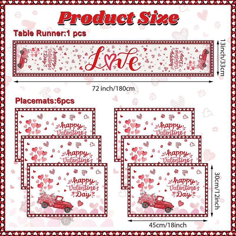7 Pack Valentines Decoration Sets Valentines Day Table Runner and Placemats Heart Rose Truck Table Covers Love Tablecloth Setting Decor for Wedding Party Anniversary Sweetest Day Home Dinner Supplies