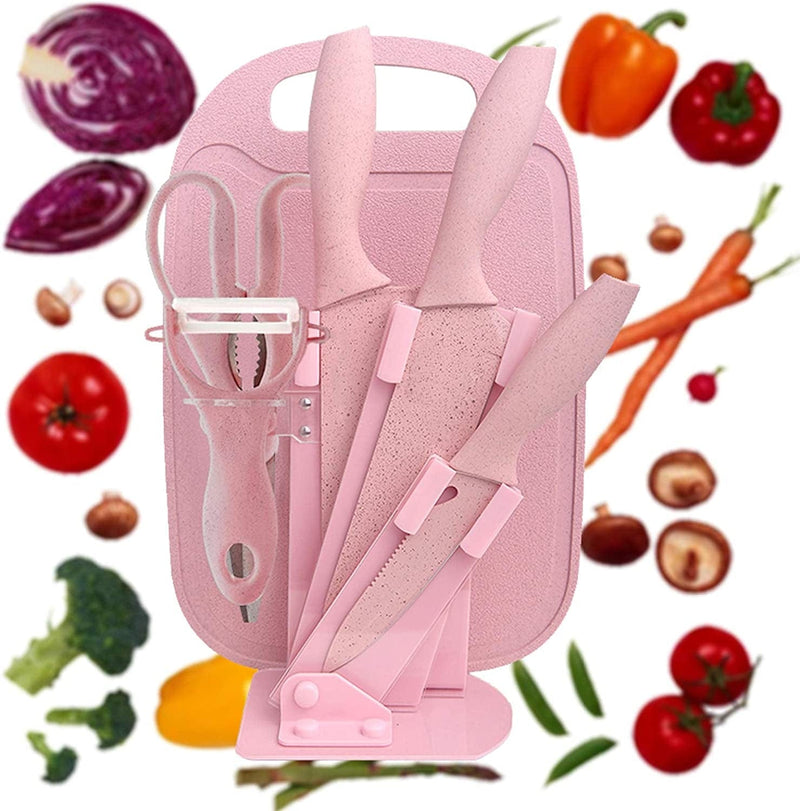 7 Pieces of Kitchen Knives Set Include 3 Kitchen Knives 1 Scissor & 1 Peeler Stand and Chopping Board Stainless Steel Non-Stick Coating with Gift Box(Pink) Home & Garden > Kitchen & Dining > Kitchen Tools & Utensils > Kitchen Knives DT001 Pink 7 Pieces 