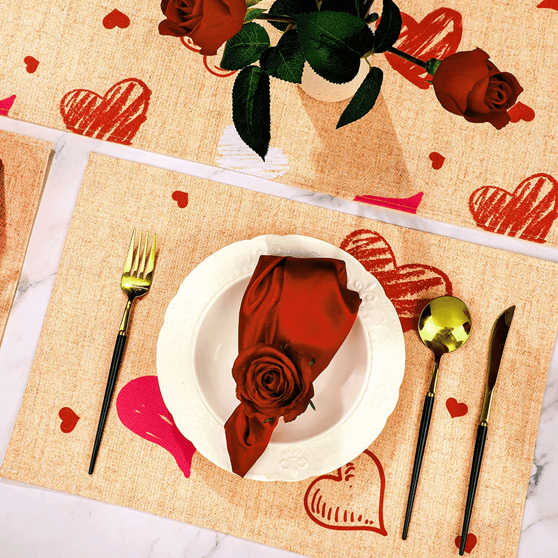 7 Pieces Valentines Table Runner and Placemats Set Valentine'S Day Burlap Red Pink White Love Heart Table Runner Valentine Table Mats Rustic Hearts Table Runner Valentines Decorations for Dinner Table Home & Garden > Decor > Seasonal & Holiday Decorations Tranqun   