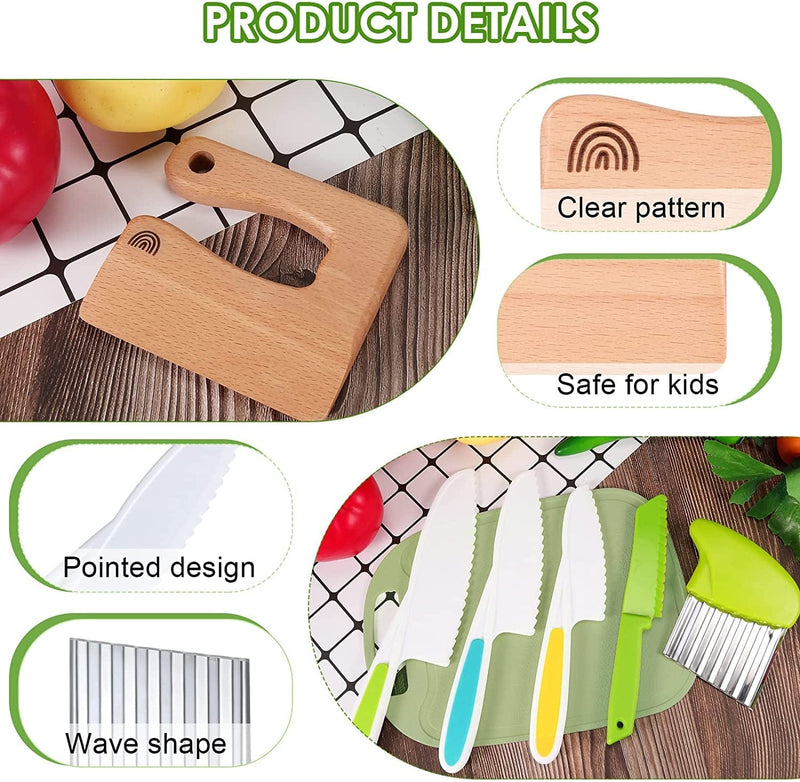 7 Pieces Wood Kids Kitchen Knife Toddler Knife Set Includes Wooden Kids Knife Serrated Edges Plastic Cooking Knives Green Cutting Board Vegetable Crinkle Cutter Cooking Utensils for Kids Home Supplies