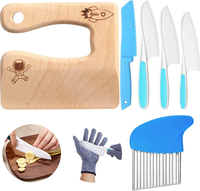 7 Pieces Wooden Kids Kitchen Knife Include Wood Kids Knife Plastic Potato Slicers Cooking Knives Serrated Edges Toddler Knife Kids Plastic Knife Resistant Gloves for Kitchen Children (Crocodile) Home & Garden > Kitchen & Dining > Kitchen Tools & Utensils > Kitchen Knives Zhehao Spaceman  