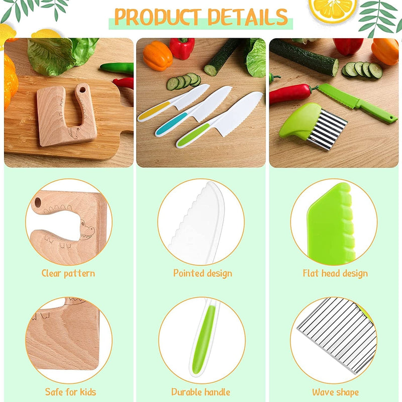 7 Pieces Wooden Kids Kitchen Knife Include Wood Kids Knife Plastic Potato Slicers Cooking Knives Serrated Edges Toddler Knife Kids Plastic Knife Resistant Gloves for Kitchen Children (Crocodile) Home & Garden > Kitchen & Dining > Kitchen Tools & Utensils > Kitchen Knives Zhehao   