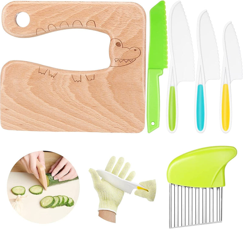 7 Pieces Wooden Kids Kitchen Knife Include Wood Kids Knife Plastic Potato Slicers Cooking Knives Serrated Edges Toddler Knife Kids Plastic Knife Resistant Gloves for Kitchen Children (Crocodile) Home & Garden > Kitchen & Dining > Kitchen Tools & Utensils > Kitchen Knives Zhehao Crocodile  
