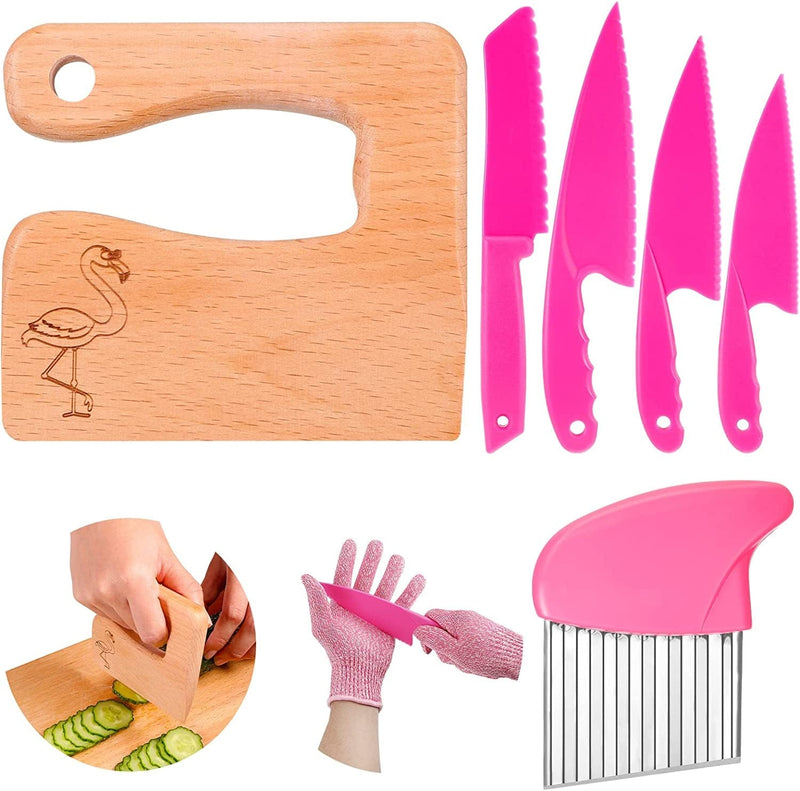 7 Pieces Wooden Kids Kitchen Knife Include Wood Kids Knife Plastic Potato Slicers Cooking Knives Serrated Edges Toddler Knife Kids Plastic Knife Resistant Gloves for Kitchen Children (Crocodile) Home & Garden > Kitchen & Dining > Kitchen Tools & Utensils > Kitchen Knives Zhehao Flamingo  