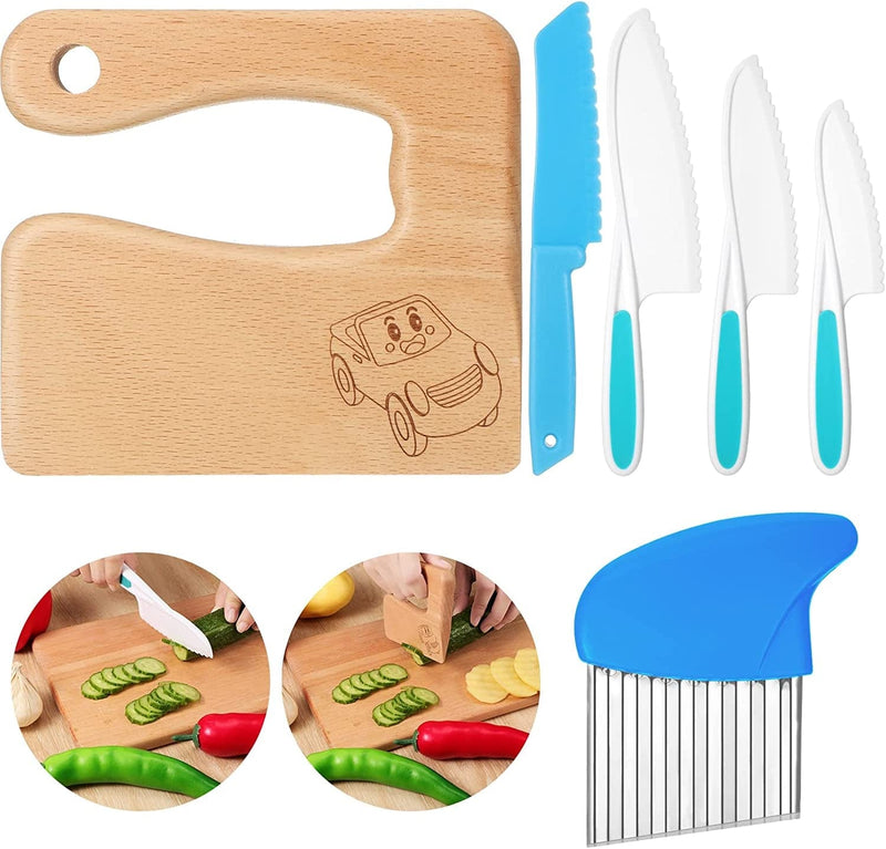 7 Pieces Wooden Kids Kitchen Knife Include Wood Kids Knife Plastic Potato Slicers Cooking Knives Serrated Edges Toddler Knife Kids Plastic Knife Resistant Gloves for Kitchen Children (Crocodile)
