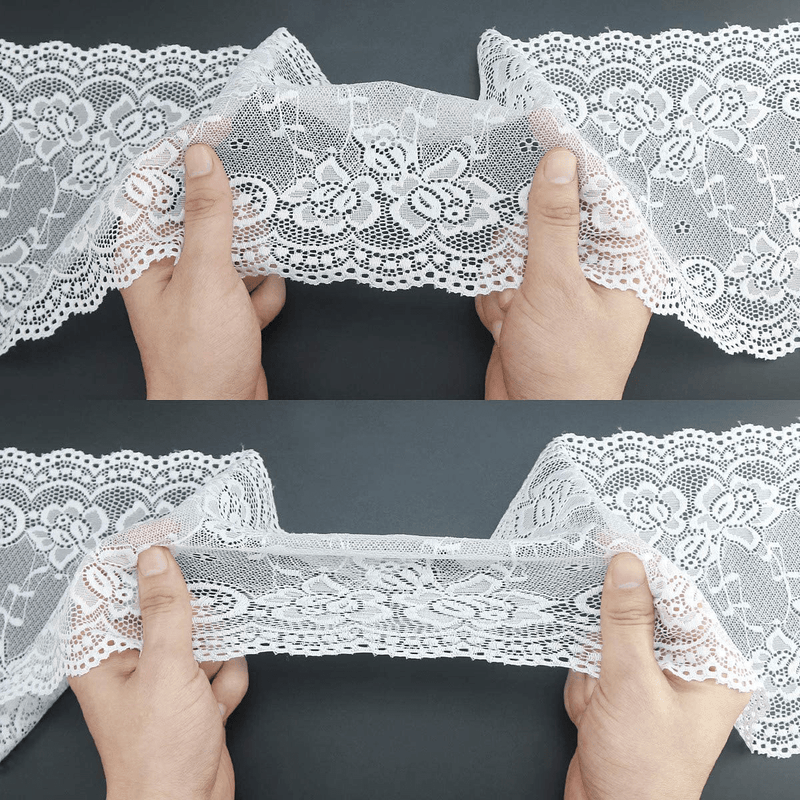 7" Wide White Lace Fabric Sewing Lace Ribbon Trim Elastic Stretchy Lace for Crafting 5 Yard