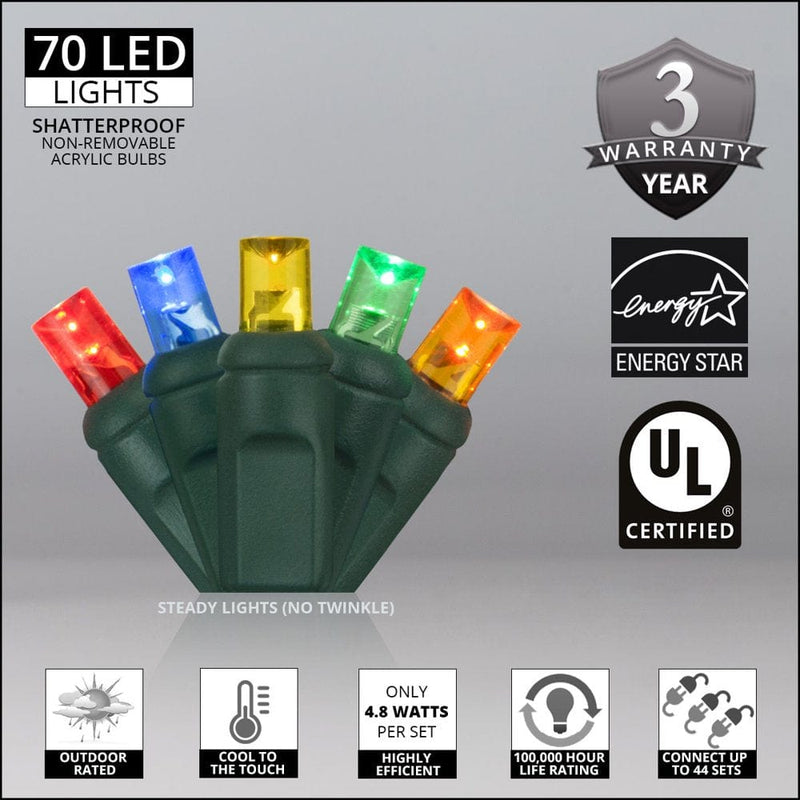 70 Multicolor LED Christmas Mini Lights, Long Life, Outdoor String Lights, Connectable, for Tree, Party, Holiday, Christmas, Decoration, 24' Length, 4" Spacing