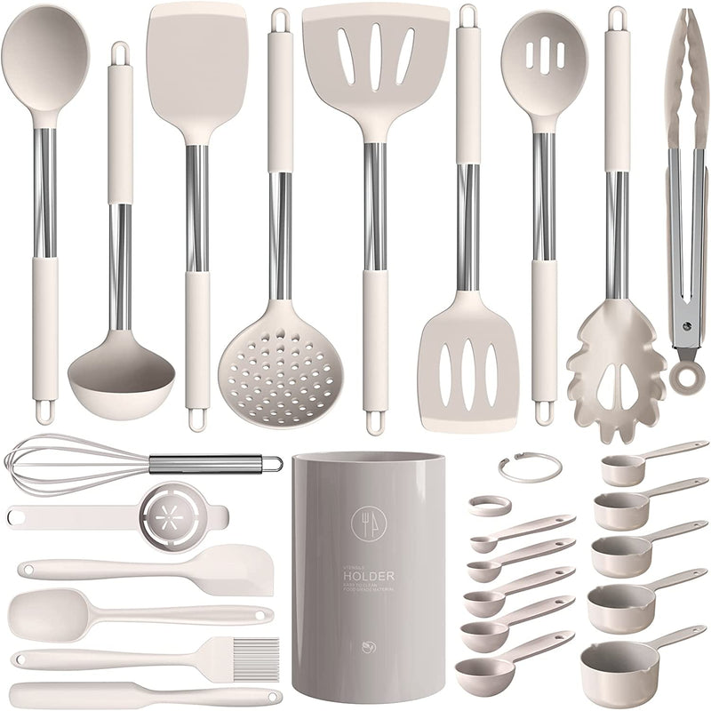Silicone Cooking Utensils Set - Heat Resistant Kitchen Utensils,Turner Tongs,Spatula,Spoon,Brush,Whisk,Stainless Steel Khaki Silicone Cooking Tool for Nonstick Cookware,Dishwasher Safe (Large) Home & Garden > Kitchen & Dining > Kitchen Tools & Utensils oannao Khaki  