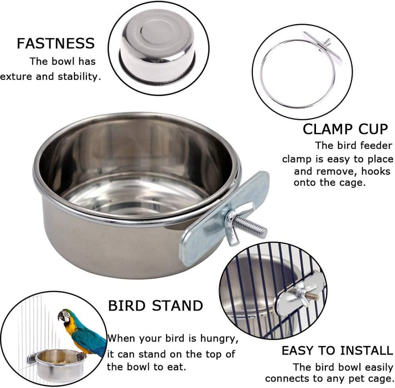 Tfwadmx Bird Feeding Dish Cups Parrot Food Bowl Clamp Holder Coop Cup, Bird Cage Water Bowl for Parakeet African Greys Conure Cockatiels Lovebird Budgie Chinchilla 2 Pack
