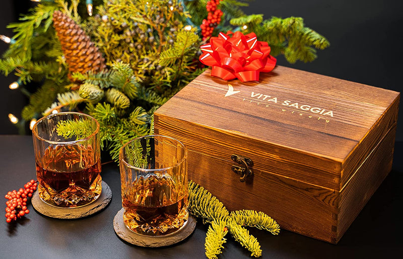 Luxury Whiskey Glass Set of 2, Gift Set in Wooden Box, Includes 8 Whiskey Ice Stones, Velvet Bag and Stainless Steel Tongs. Great Gift for Men, Dad, Christmas. (10 Oz Glass W/ Coasters) Home & Garden > Kitchen & Dining > Barware Vita Saggia   