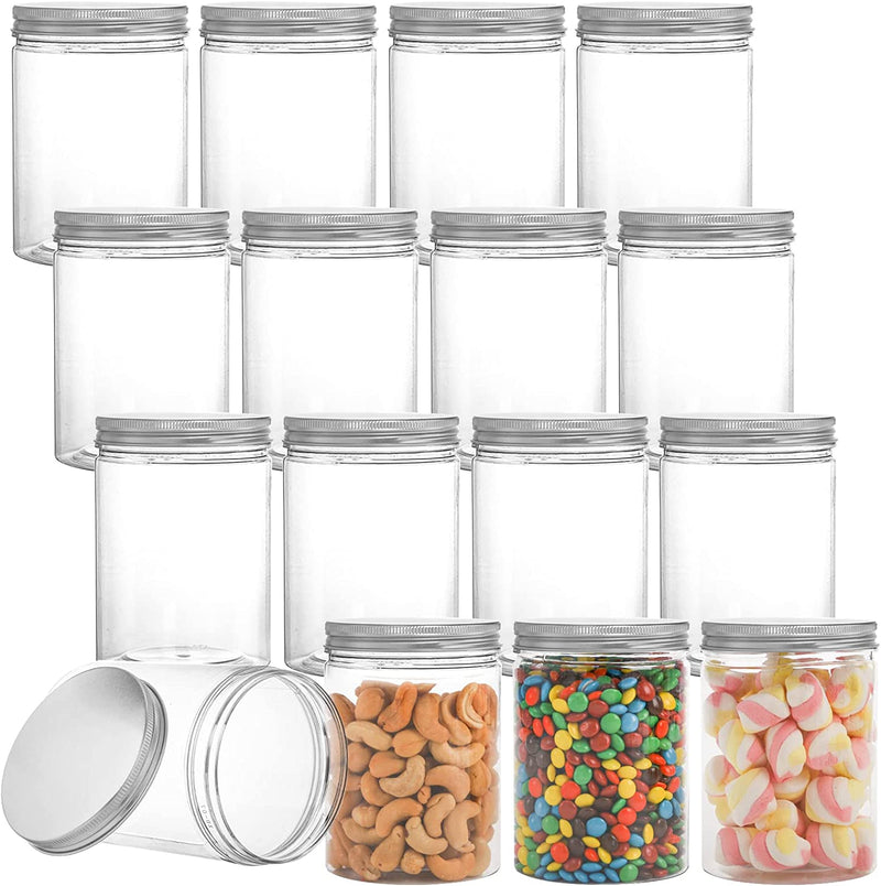 Tebery 16 Pack Clear Plastic Jars Bottles Containers with Silver Ribbed Lids 20Oz Straight Cylinders Storage Canisters for Food & Home Storage