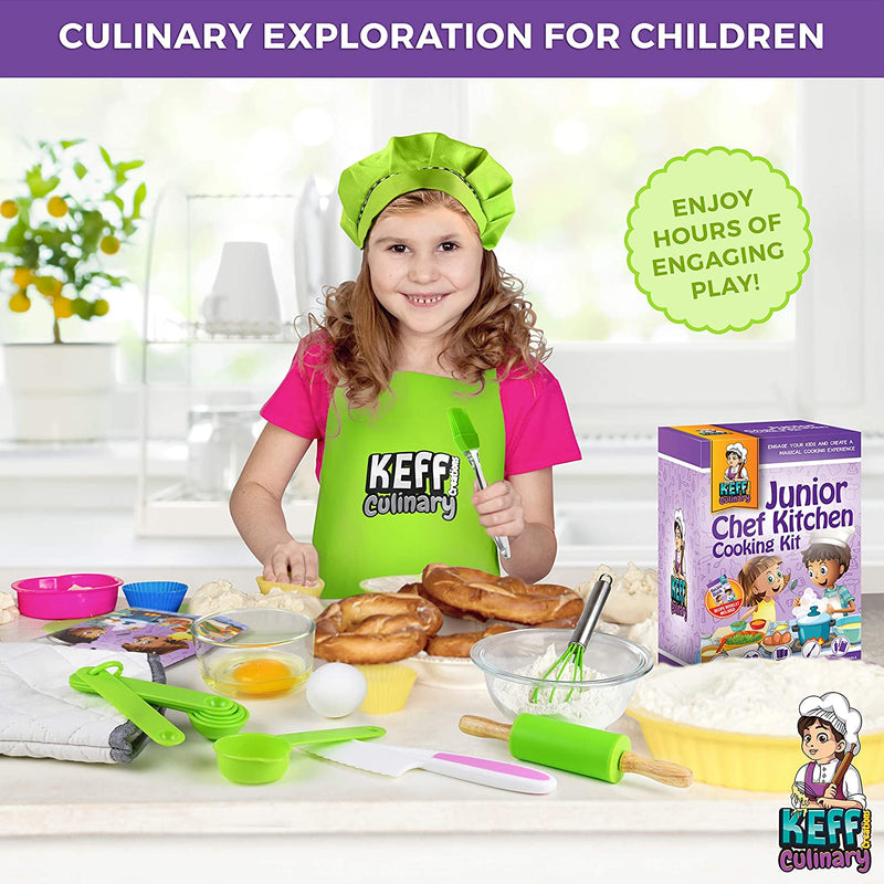 KEFF Kids Cooking and Baking Sets for Girls, Boys, Toddler with Real Kitchen Tools - Master Chef Jr Kit Includes Apron, Chef Hat, Recipe Book and More Utensils - Green