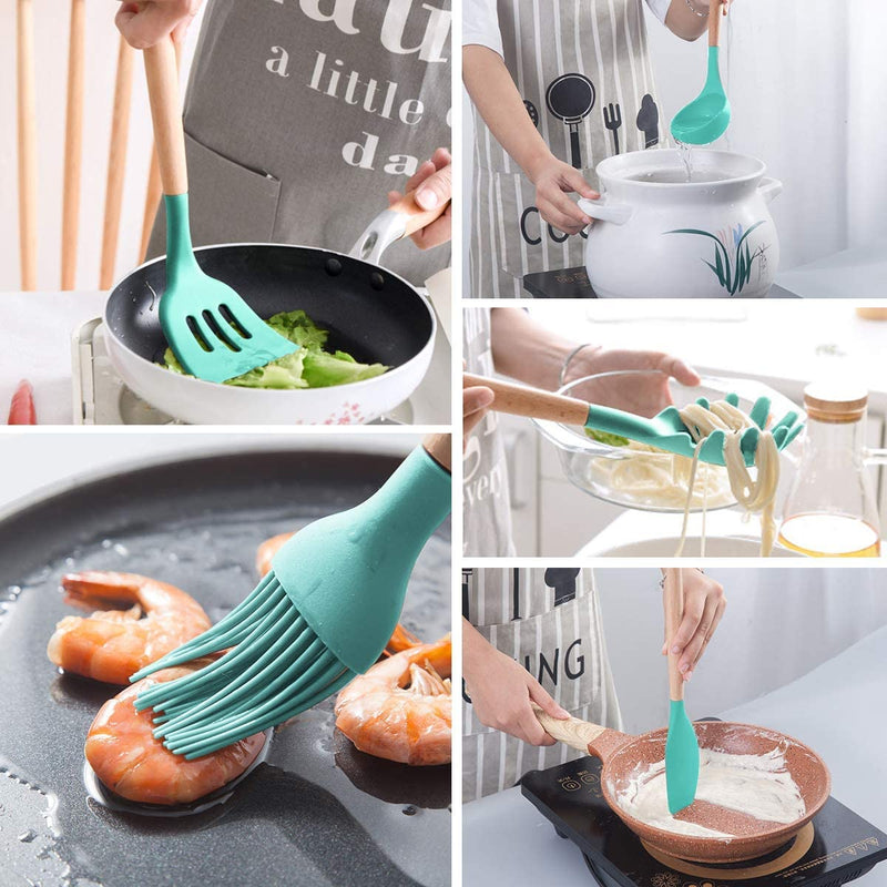 MIBOTE 17 Pcs Silicone Cooking Kitchen Utensils Set with Holder, Wooden Handles Cooking Tool BPA Free Turner Tongs Spatula Spoon Kitchen Gadgets Set for Nonstick Cookware (Teal) Home & Garden > Kitchen & Dining > Kitchen Tools & Utensils MIBOTE   