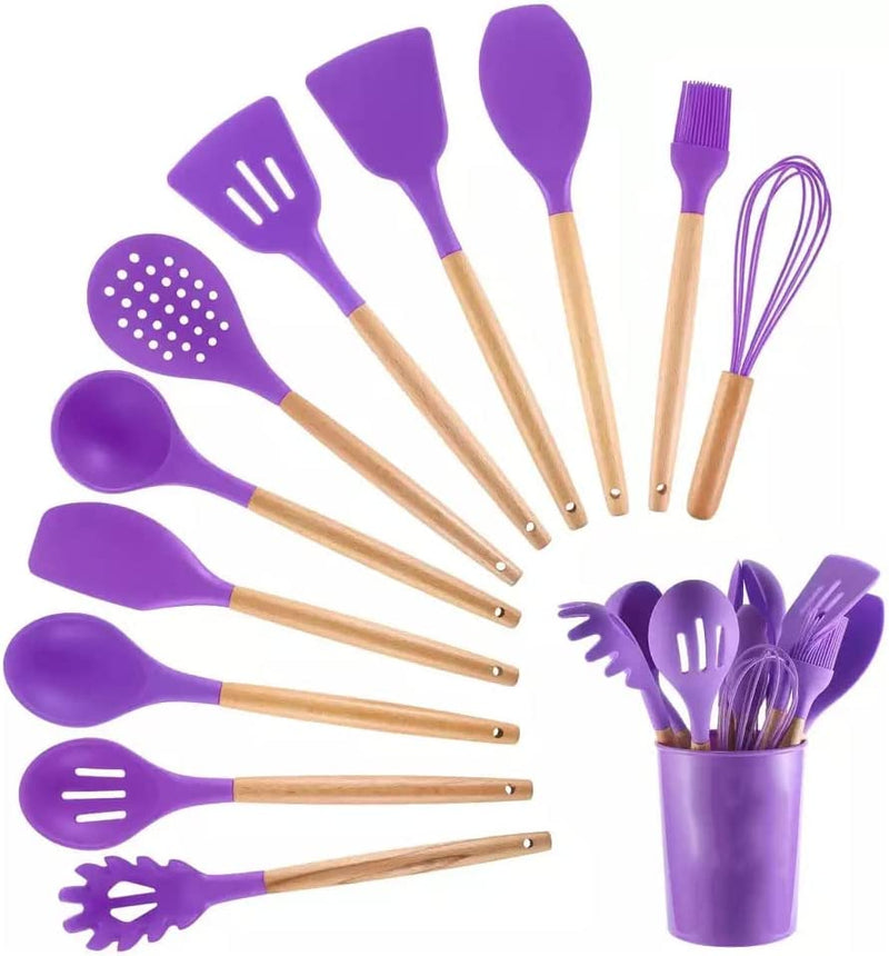 Karangred 12Pcs Silicone Cooking Kitchen Utensils Set with Holder,Wooden Handles Cooking Tool,Bpa Free,Non Toxic Turner Tongs Spatula Spoon Kitchen Gadgets Set for Nonstick Cookware (Purple) Home & Garden > Kitchen & Dining > Kitchen Tools & Utensils Karangred Purple  