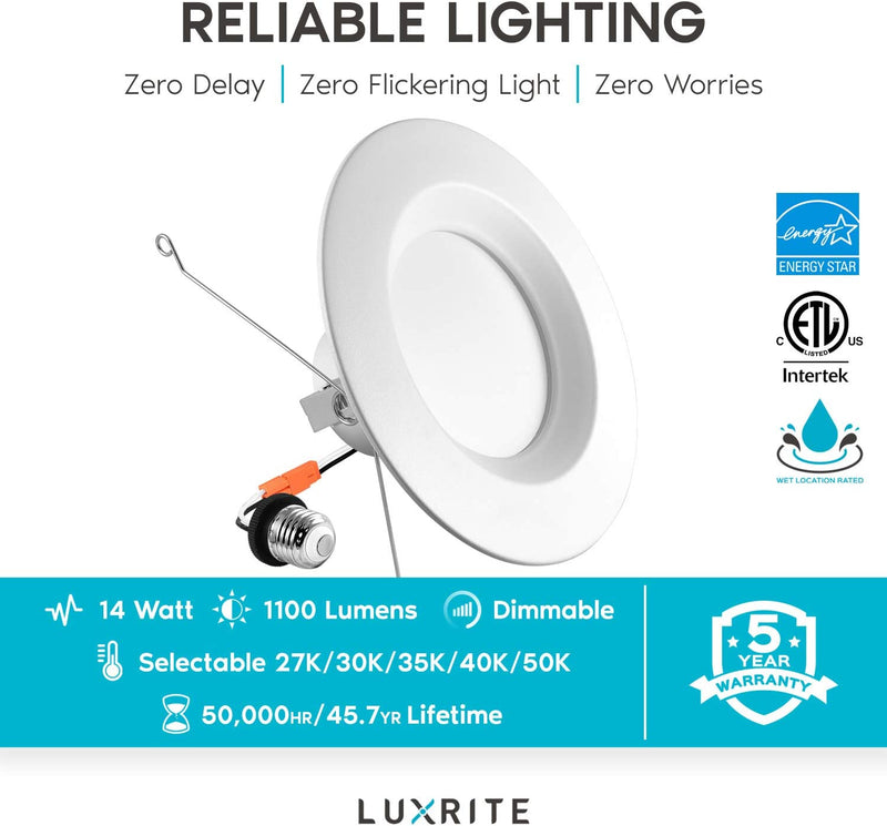 Luxrite 5/6 Inch LED Recessed Retrofit Downlight, 14W=90W, CCT Color Selectable 2700K | 3000K | 3500K | 4000K | 5000K, Dimmable Can Light, 1100 Lumens, Wet Rated, Energy Star, Smooth Trim (4 Pack) Home & Garden > Lighting > Flood & Spot Lights Luxrite   