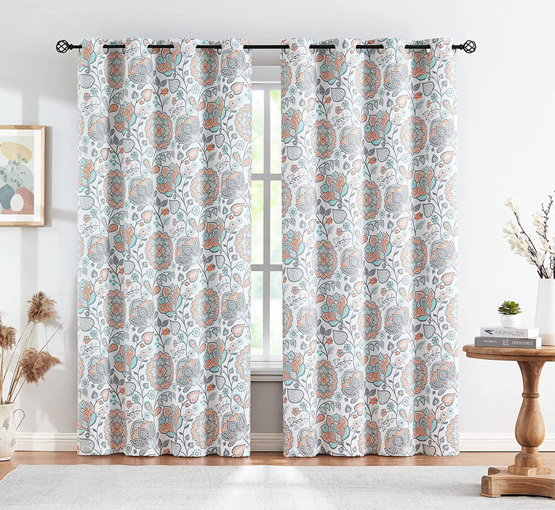 Full Blackout Curtains for Living-Room 84Inch Length Orange and Teal Jacobean Design Thermal Insulated Window Panels for Bedroom Vintage Floral Multi Curtain Panels Country Flower Grommet Top 2Pcs