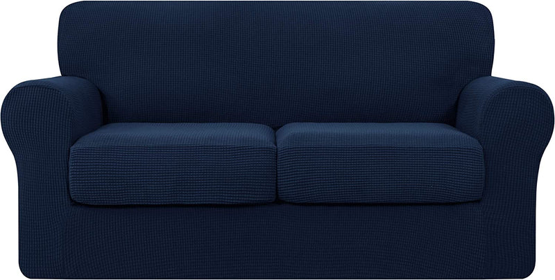 Hokway Couch Cover for 2 Cushion Couch 3 Piece Stretch Sofa Slipcovers with Separate Cushion for 2 Seater Couch Furniture Covers for Kids and Pets in Living Room(Medium,Dark Blue) Home & Garden > Decor > Chair & Sofa Cushions Hokway Dark Blue Medium 
