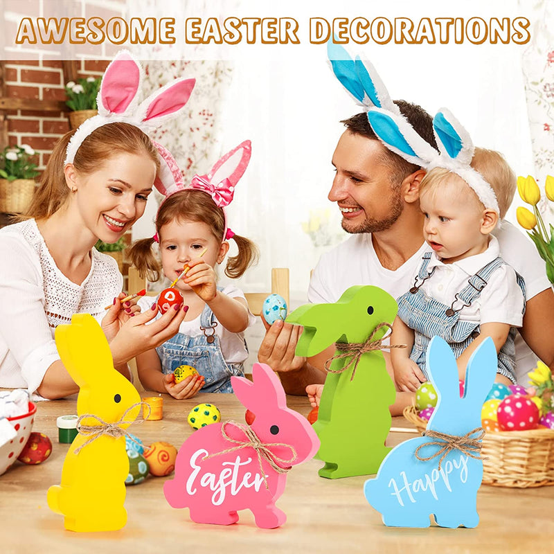 Wooden Bunnies Easter Decorations for the Home Easter Table Decor, 4PCS Cute Easter Bunny Decor with Jute Twine Bow Spring Decorations Easter Tiered Tray Decor for Party Favors Tabletop Indoor Gift RY-36FHJR