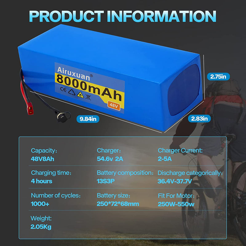 Airuxuan 48V Battery 48V Lithium Battery 48V Ebike Battery, 8Ah Electric Bike Battery with 2A Charger, XT60 Connector, T-Plug and BMS for 250W 550W Electric Bicycles Motor/Ebike Kit Sporting Goods > Outdoor Recreation > Cycling > Bicycles Airuxuan   